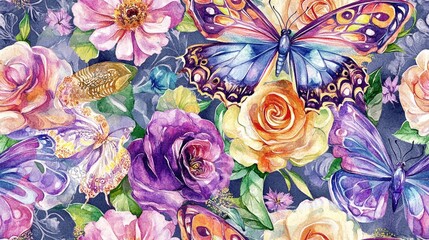 seamless watercolor pattern featuring an array of vibrant flowers and paisley butterflies ideal for 
