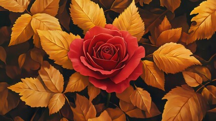 Aufkleber - Single red rose nestled amongst autumn leaves.