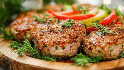 Wall Mural - Delicious breaded cutlets with herbs and vegetables on wooden plate