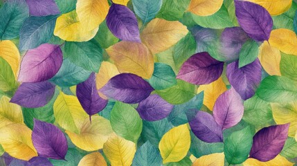 Wall Mural - Seamless watercolor pattern featuring vibrant leaves in green yellow and violet hues perfect for fabric or wallpaper design