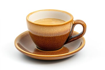 Brown ceramic coffee cup on saucer with coffee