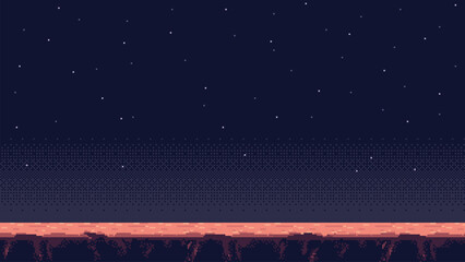 Wall Mural - pixel art space game level background, 8 bit retro style video game. planet surface. starry sky. vec