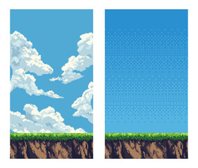 Wall Mural - pixel art retro vertical game level, 8 bit 2d video game background, pixel template. stones, grass a