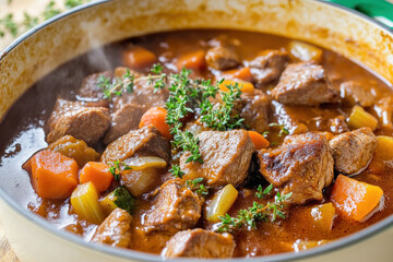 Wall Mural - Steaming beef stew with thyme and vegetables simmering in pot