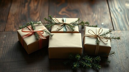 Three beautifully wrapped gifts adorned with simple natural decorations on a rustic wooden surface