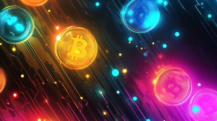 Poster - Vibrant digital rendering of glowing cryptocurrency coins on a circuit board background.