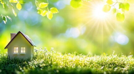 A miniature house on the grass in sunlight. A green meadow with sun rays and a bokeh background