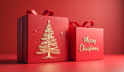 Wall Mural - a red gift box with the inscription Merry Christmas on a red background