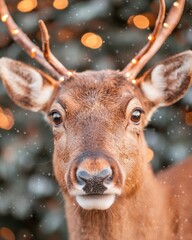 A close-up of a deer with antlers adorned with lights amidst a festive background.