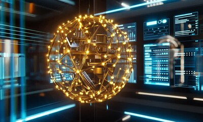 Wall Mural - Illuminated Geometric Sphere in Futuristic Digital Environment