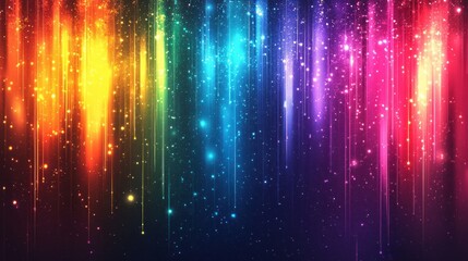 Wall Mural - Vibrant rainbow light streaks with glitter sparkle effect on dark background.