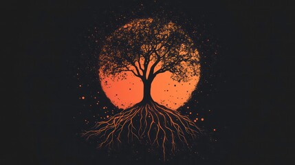 Aufkleber - Silhouette of a tree with roots against a dark orange moon.