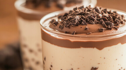 Wall Mural - Delicious chocolate dessert layered in a glass with chocolate shavings