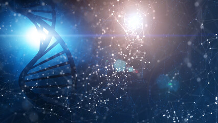 Poster - abstract digital dna molecule on futuristic shiny light with lines and dots copy space illustration 