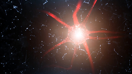 Wall Mural - artistic red nerve cell in digital ai brain illustration.