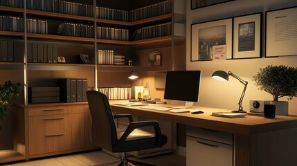 Poster - Cozy home office at night with a wooden desk, computer, bookshelves, and desk lamp.