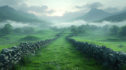 Wall Mural - lush green landscape with a winding path and misty mountains during early morning light. generative 