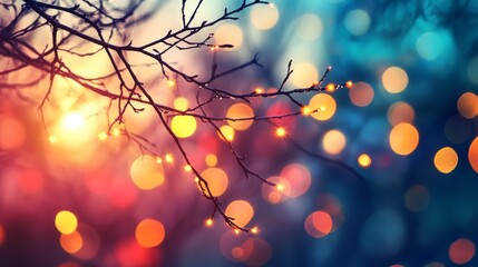 Wall Mural - bare tree branch with warm lights at sunset.