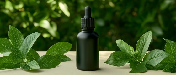 Serene Green Closeup of Matte Black Bottle with Dropper, Flanked by Vibrant Leaves on Light Surface - Natural Health and Wellness Concept