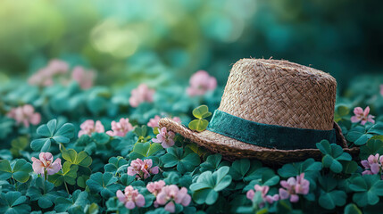 Wall Mural - summer hat resting among vibrant flowers in a lush green garden under soft sunlight. generative ai