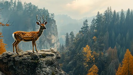 Poster - Autumn Forest Deer on Cliff Top