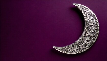 Wall Mural - silver crescent on dark purple background copy space for text off-center off center right aligned flat lay isolated decoration decorated ornament ornamental moon metal metallic