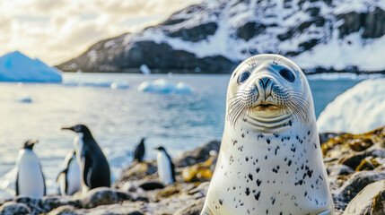 Wall Mural - Crabeater seal and penguins resting on rocks in antarctica
