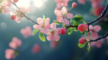 Poster - A branch of pink flowers with green leaves