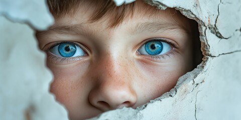 Wall Mural - A young girl with blue eyes is looking out of a hole in a wall. Concept of curiosity and wonder as the girl peers out into the unknown