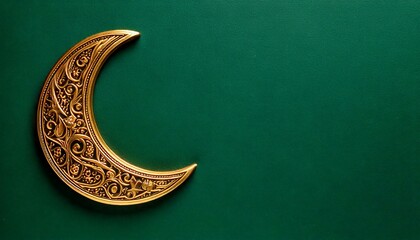 Wall Mural - golden crescent on green background copy space for text off-center off center aligned flat lay isolated decoration decorated ornament ornamental moon gold  Eid al-Fitr Mubarak Eid Al-Adha