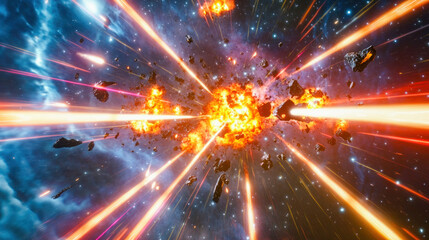 Wall Mural - spaceships battling with laser beams and explosions in deep space