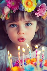 Wall Mural - A young girl is blowing out candles on a cake with a floral headband. The candles are lit and the girl is smiling