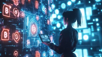 Leinwandbilder - Woman using tablet, viewing holographic cryptocurrency data.
