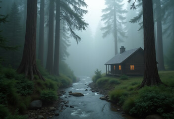 Wall Mural - A cozy log cabin glows warmly beside a misty stream in a dense evergreen forest.