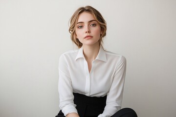 Young woman with sleek business attire, white shirt, black pants, sitting on desk, professional, focused expression, medium close-up, plain background 2