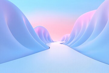 Minimalist futuristic landscape with blue gradient, speed lines on left, curved white road, soft lighting, high-tech feel, wide-angle perspective, dynamic motion 2