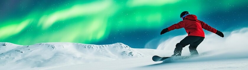 snowboarder carving downhill under a vivid northern lights display, snowboard powder aurora, unique 