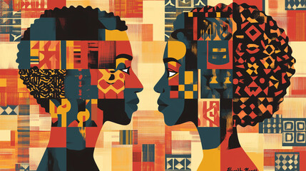  Abstract portrait of two faces in profile with vibrant geometric patterns celebrating cultural heritage