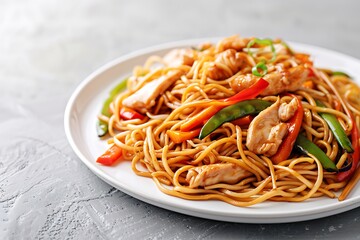 A serving of classic lo mein with chicken and vegetables, set on a white plate with a clean light gray background and ample copy space