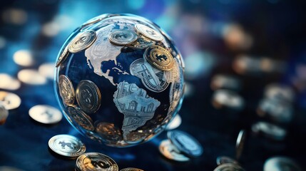 Poster - Global cryptocurrency market concept. Digital coins surround a transparent globe.