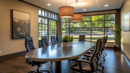 Poster - Modern conference room with large windows, oval table, and comfortable chairs.