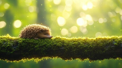 Wall Mural -  Hedgehog on mossy branch in forest with sunlight filtering through trees