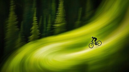 Wall Mural -   Blurry photo of a person cycling in a forest trail surrounded by trees