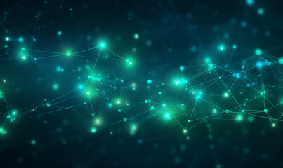 Abstract blue green technology background with a cyber network grid and connected particles. Artificial neurons, global data connections. Blurred bokeh style background.