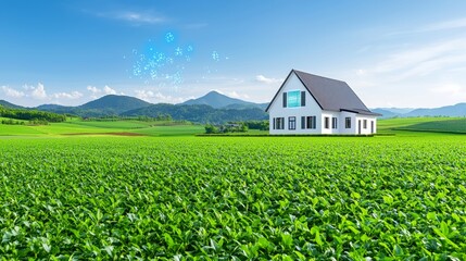 A digitally created image of a smart home situated in the countryside.