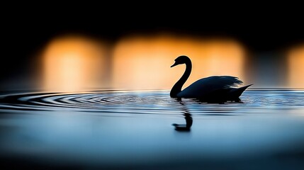 Sticker -   A black swan atop water with orange light bulbs against black backdrop