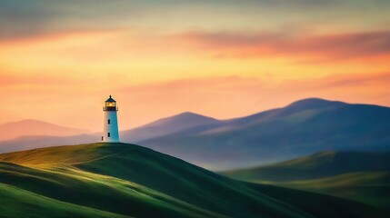 Poster -   Lighthouse atop hill with sunset and mountains in background