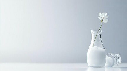 Wall Mural -   A bottle containing milk with a white flower emerging from its neck