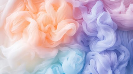 Poster - Abstract pastel fabric texture with soft, swirling folds in shades of peach, pink, blue, and purple.