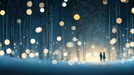 Wall Mural - a couple stands in a snowy forest at night with many lights dangling from the trees